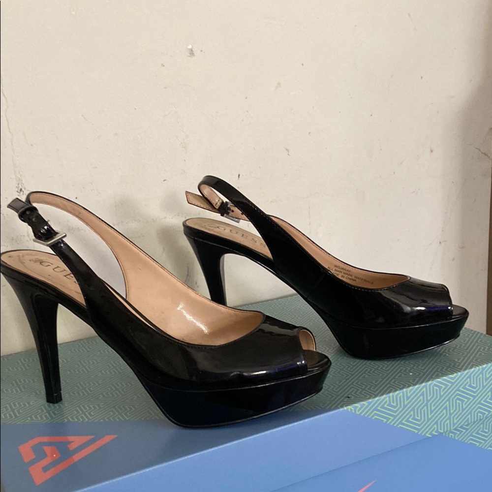 Guess Black Patent Leather Slingback Heels